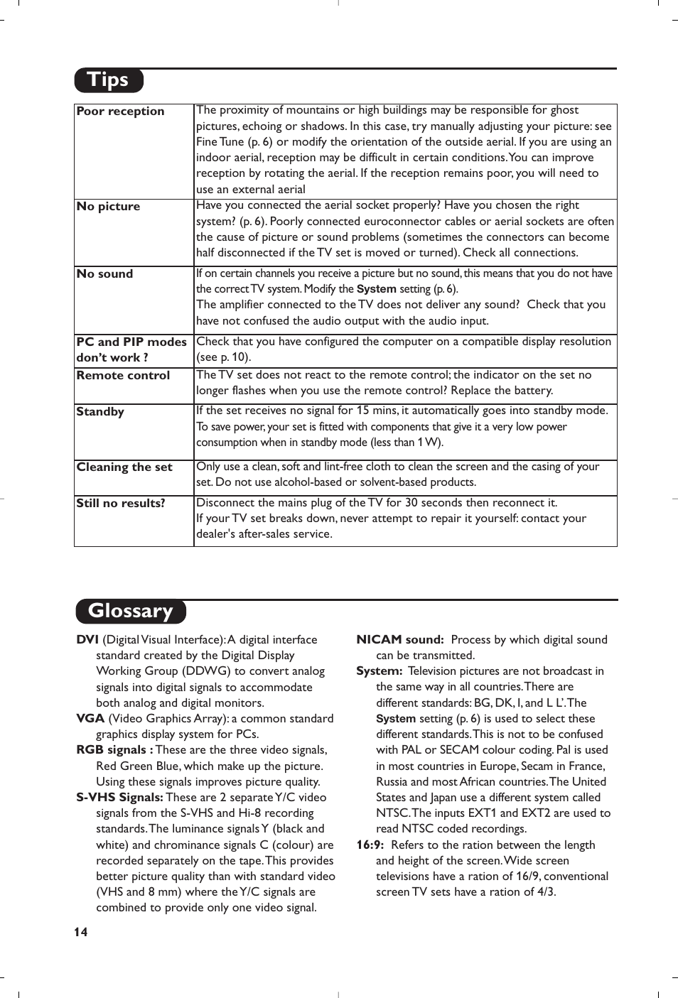 Glossary, Tips | Philips 15PF5120/58 User Manual | Page 20 / 262