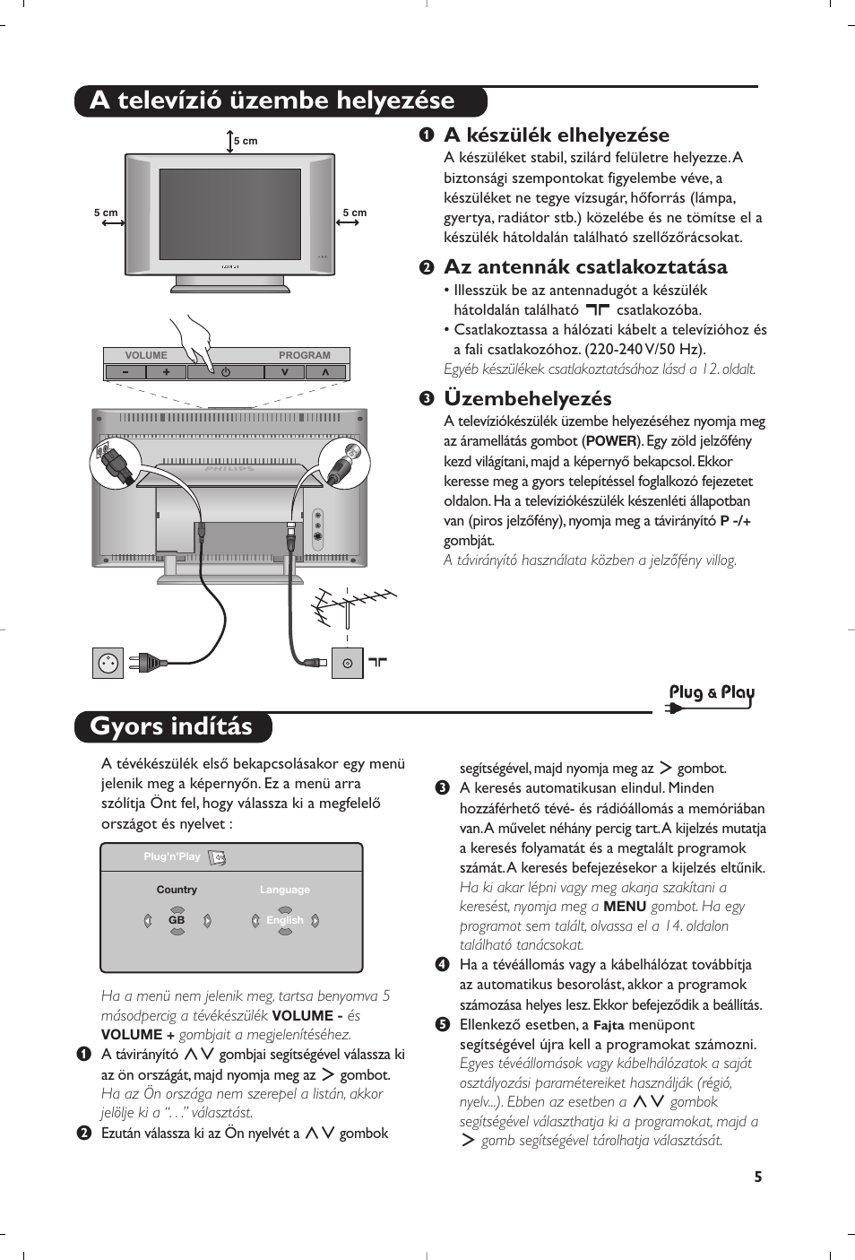 Gyors indítás, A televízió üzembe helyezése, A készülék elhelyezése | Az antennák csatlakoztatása, Üzembehelyezés | Philips 15PF5120/58 User Manual | Page 209 / 262