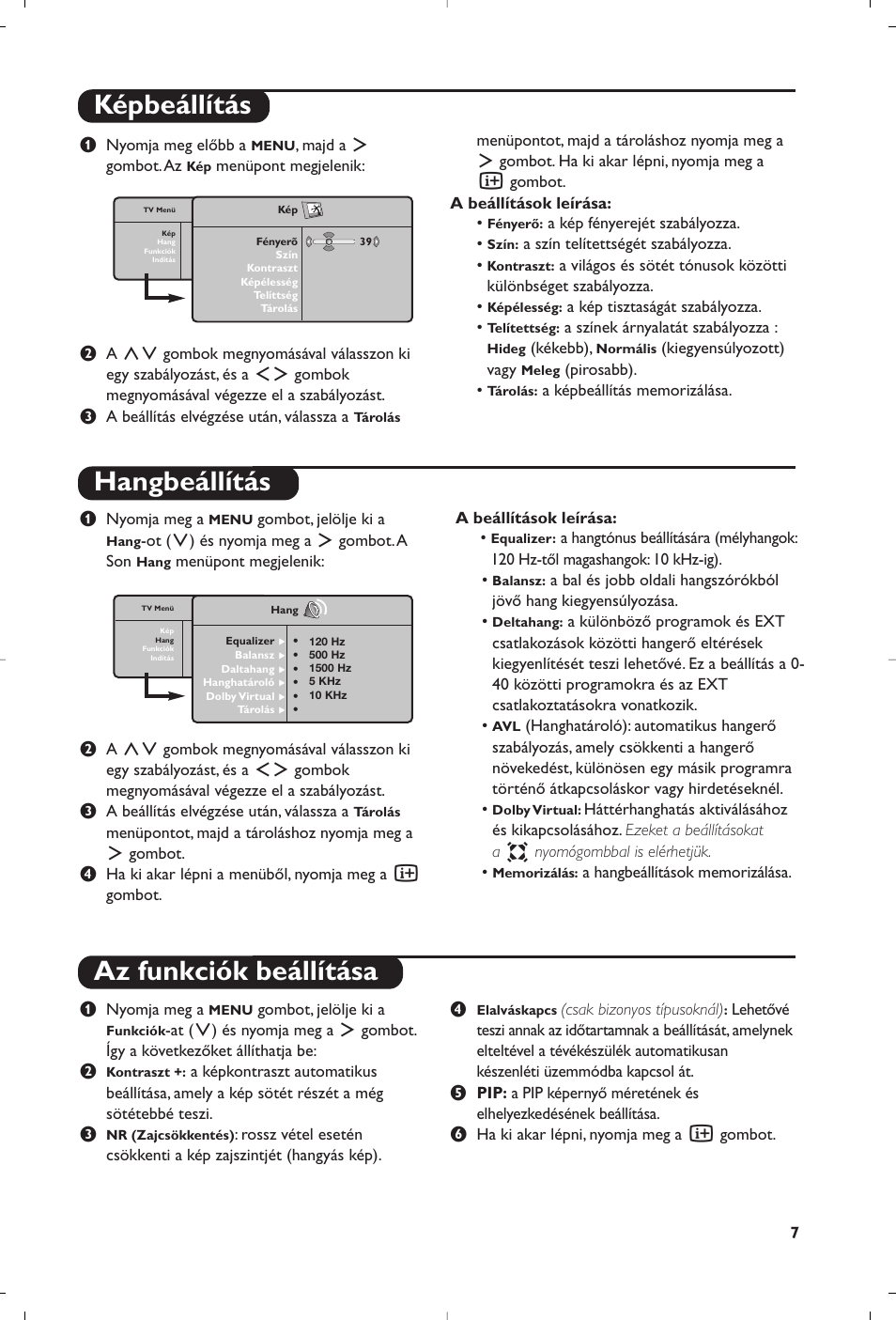 Képbeállítás hangbeállítás, Az funkciók beállítása | Philips 15PF5120/58 User Manual | Page 211 / 262