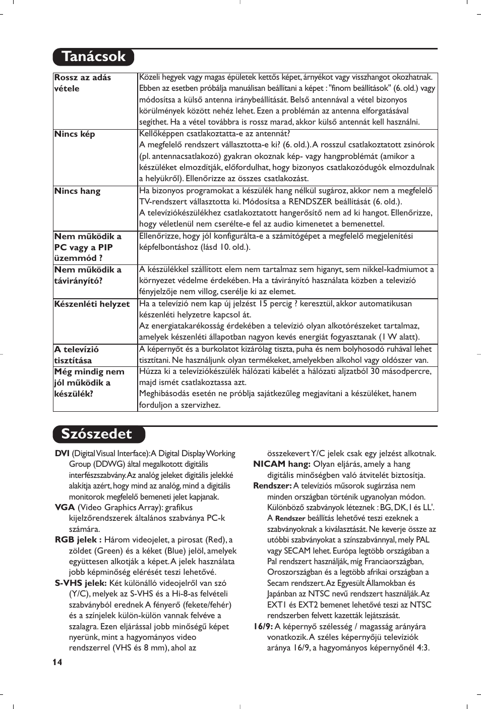 Szószedet, Tanácsok | Philips 15PF5120/58 User Manual | Page 218 / 262