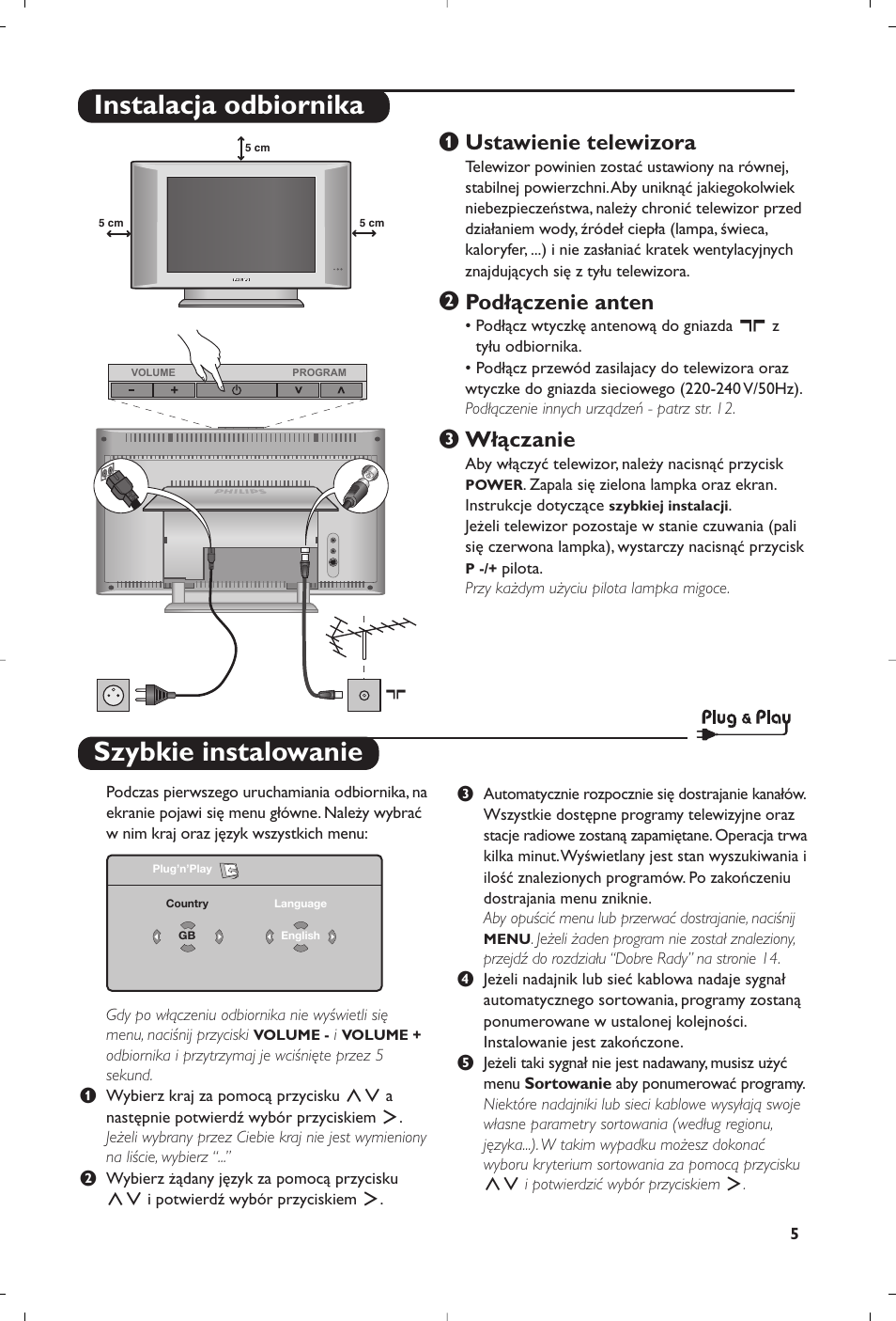 Szybkie instalowanie, Instalacja odbiornika, Ustawienie telewizora | Podłączenie anten, Włączanie | Philips 15PF5120/58 User Manual | Page 223 / 262