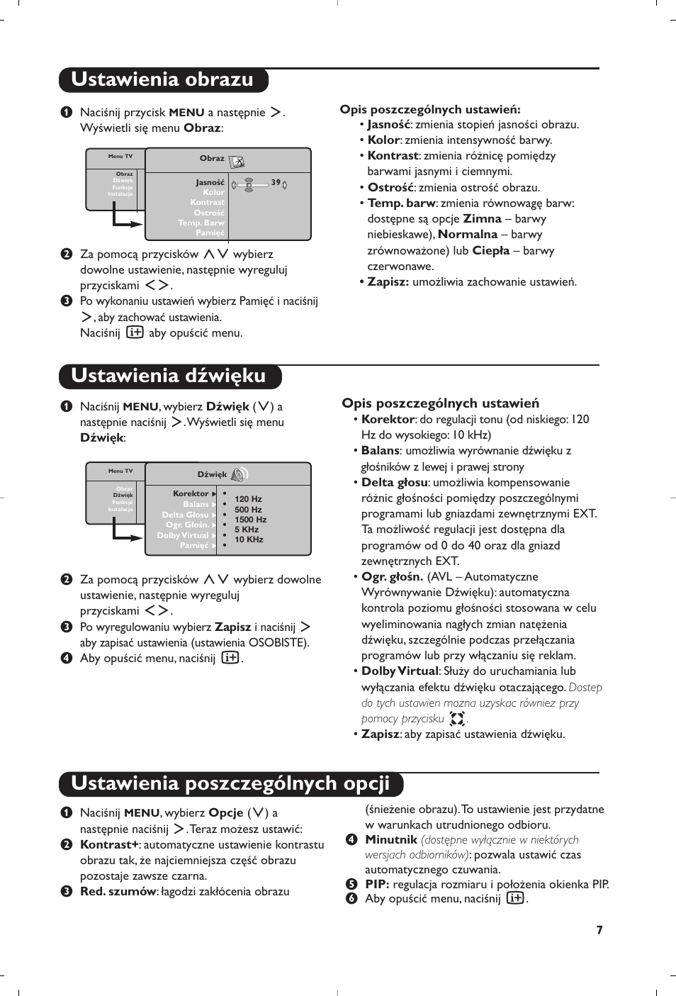 Ustawienia obrazu ustawienia dźwięku, Ustawienia poszczególnych opcji | Philips 15PF5120/58 User Manual | Page 225 / 262