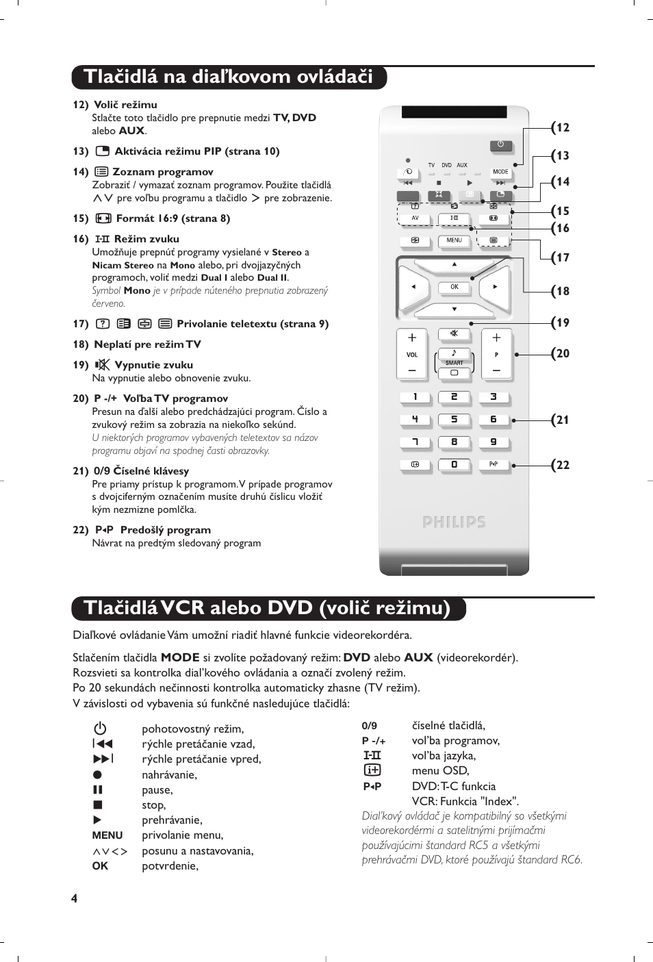 Tlačidlá na diaľkovom ovládači, Tlačidlá vcr alebo dvd (volič režimu) | Philips 15PF5120/58 User Manual | Page 250 / 262