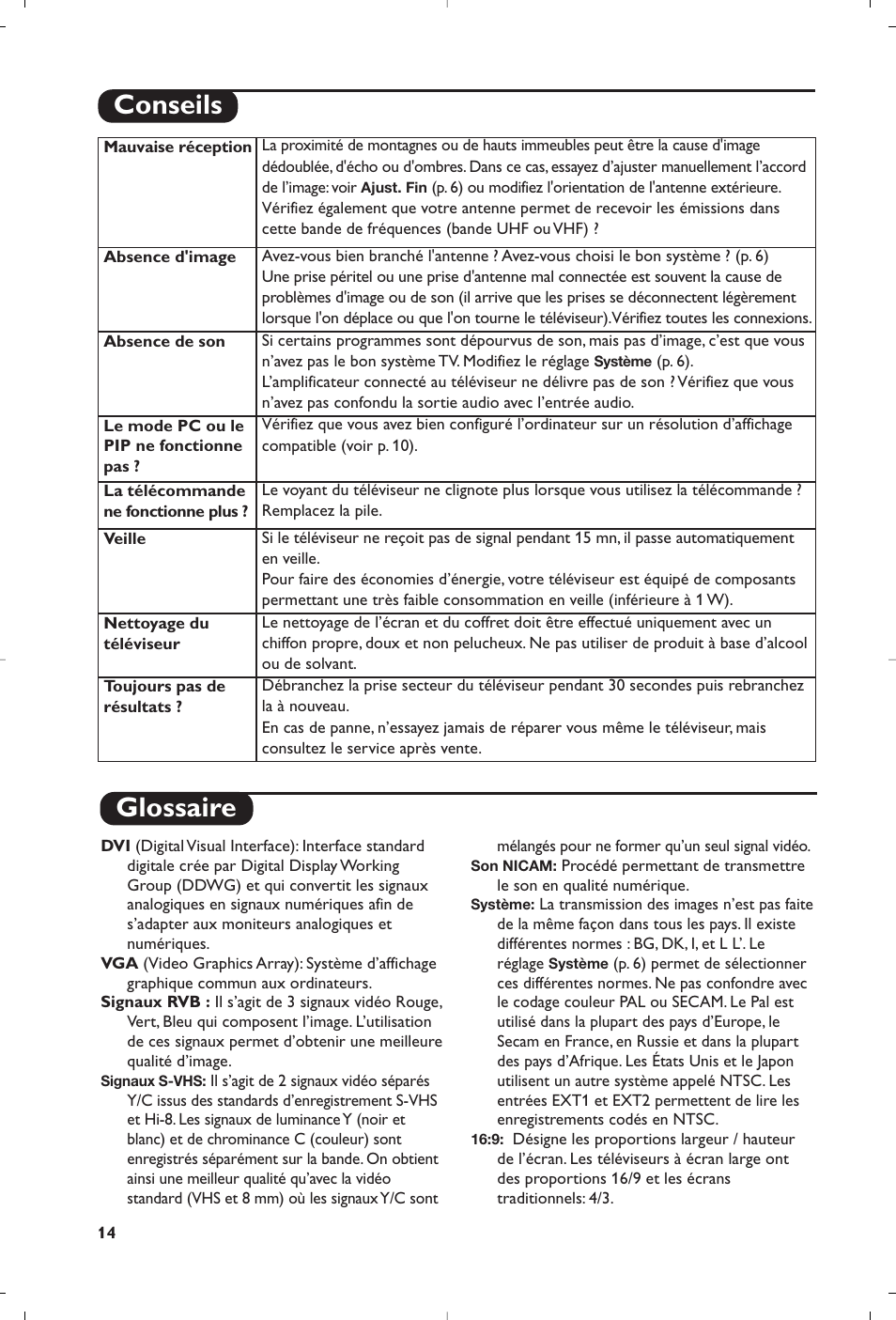 Glossaire, Conseils | Philips 15PF5120/58 User Manual | Page 34 / 262