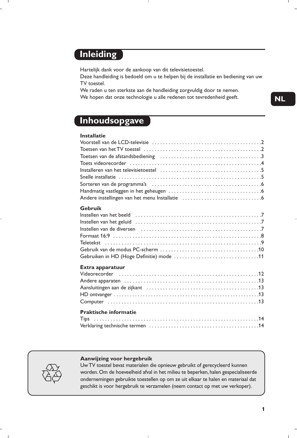 Inleiding inhoudsopgave | Philips 15PF5120/58 User Manual | Page 35 / 262