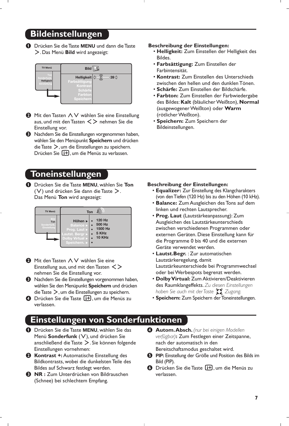 Bildeinstellungen toneinstellungen, Einstellungen von sonderfunktionen | Philips 15PF5120/58 User Manual | Page 55 / 262