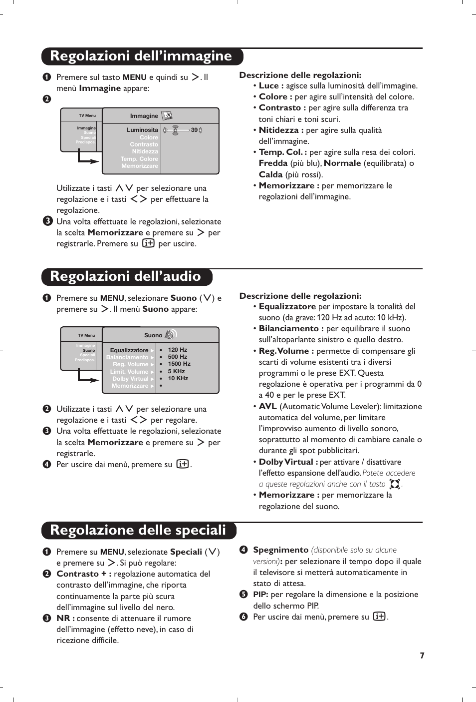 Regolazioni dell’immagine regolazioni dell’audio, Regolazione delle speciali | Philips 15PF5120/58 User Manual | Page 69 / 262