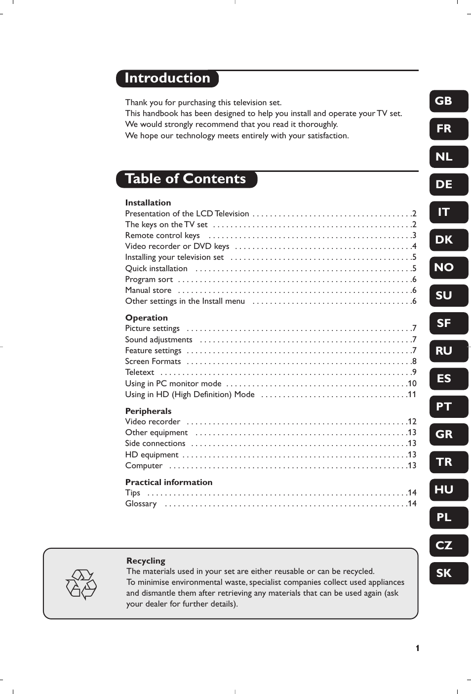 Introduction table of contents | Philips 15PF5120/58 User Manual | Page 7 / 262