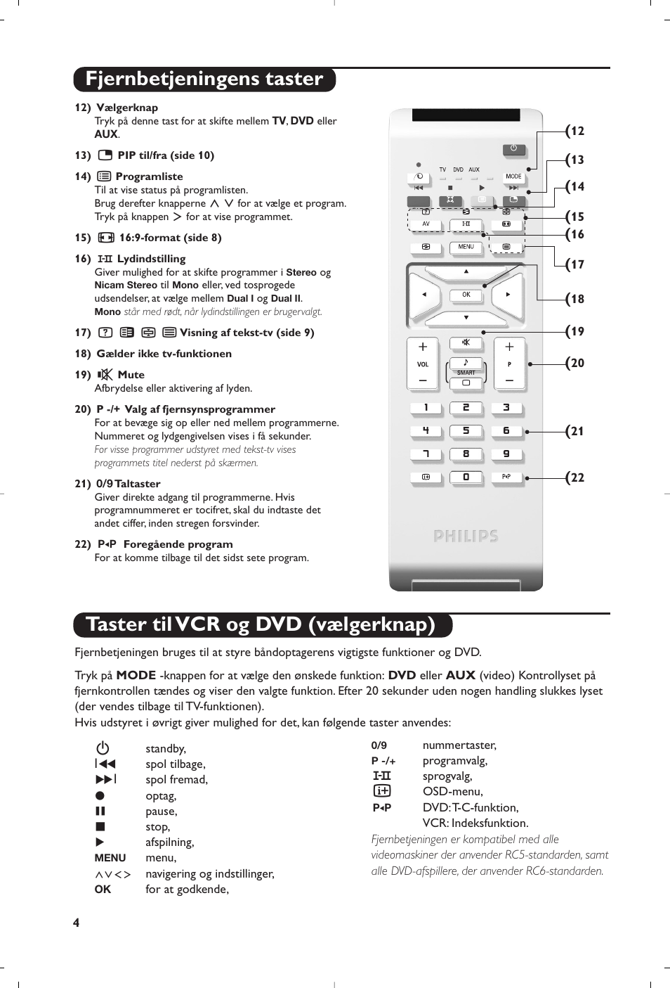 Fjernbetjeningens taster, Taster til vcr og dvd (vælgerknap) | Philips 15PF5120/58 User Manual | Page 80 / 262