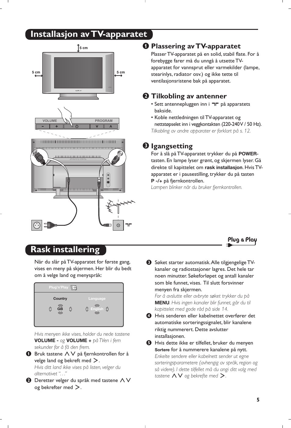 Rask installering, Installasjon av tv-apparatet, Plassering av tv-apparatet | Tilkobling av antenner, Igangsetting | Philips 15PF5120/58 User Manual | Page 95 / 262