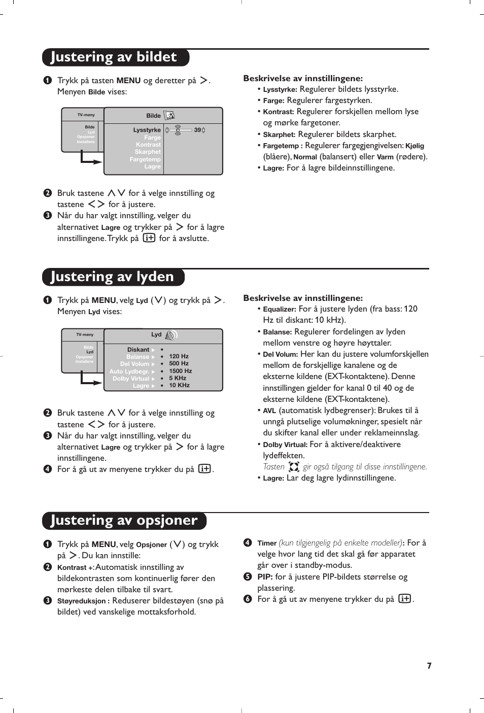 Justering av bildet justering av lyden, Justering av opsjoner | Philips 15PF5120/58 User Manual | Page 97 / 262