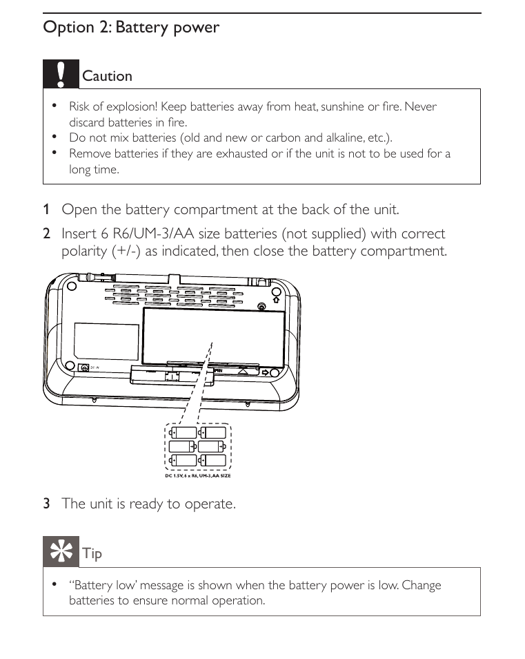 Option 2: battery power | Philips AE2012 User Manual | Page 10 / 21