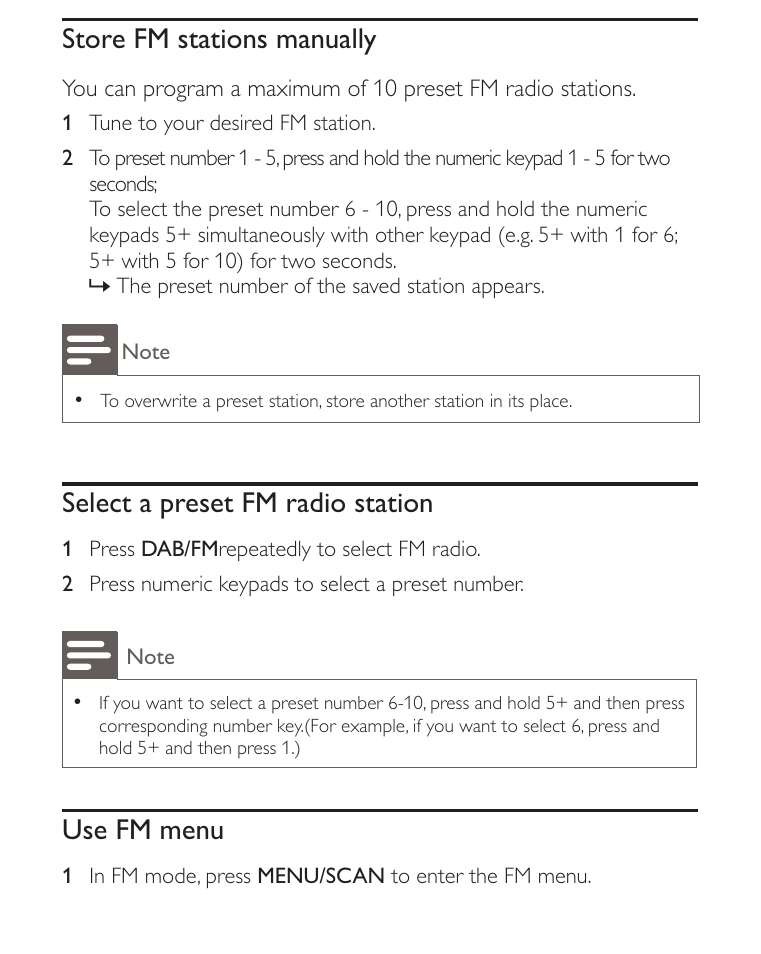 Store fm stations manually, Select a preset fm radio station, Use fm menu | Philips AE2012 User Manual | Page 12 / 21