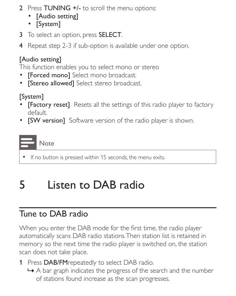 5listen to dab radio, Tune to dab radio | Philips AE2012 User Manual | Page 13 / 21