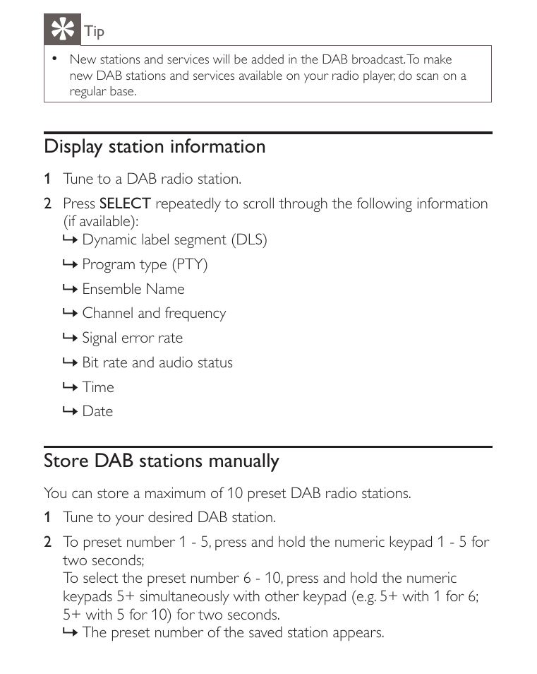 Display station information, Store dab stations manually | Philips AE2012 User Manual | Page 15 / 21