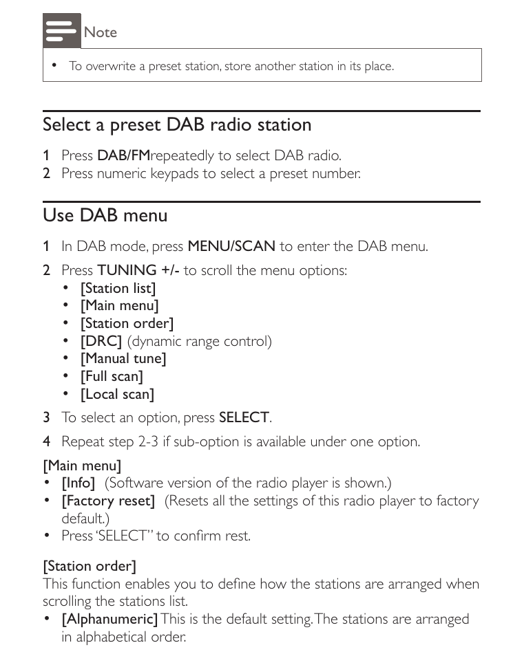 Select a preset dab radio station, Use dab menu | Philips AE2012 User Manual | Page 16 / 21