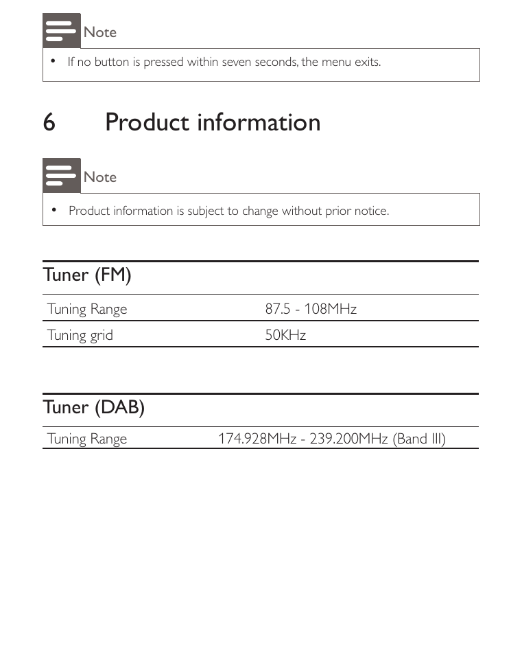 6 product information, Tuner (fm), Tuner (dab) | Philips AE2012 User Manual | Page 18 / 21