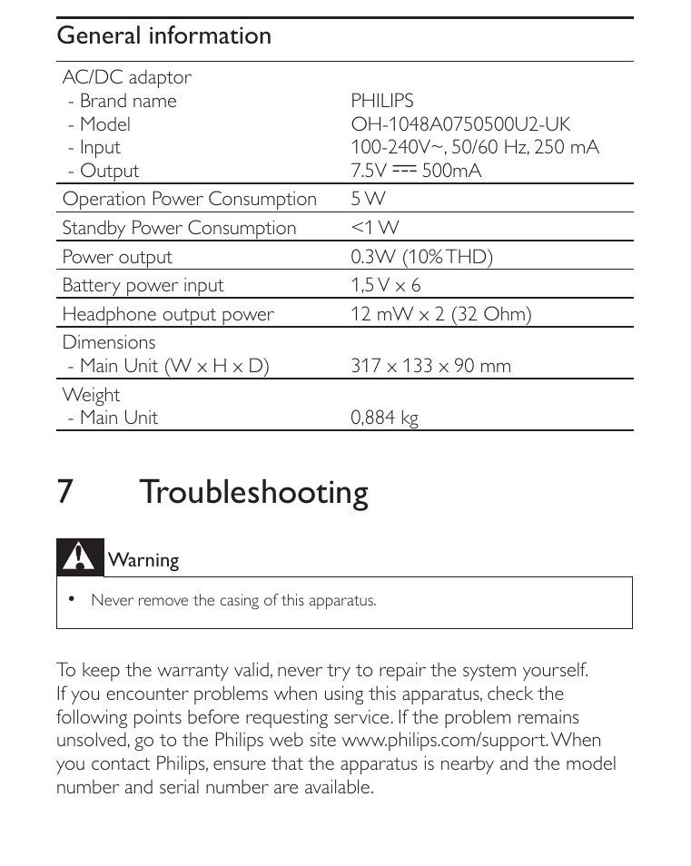 7 troubleshooting, General information | Philips AE2012 User Manual | Page 19 / 21