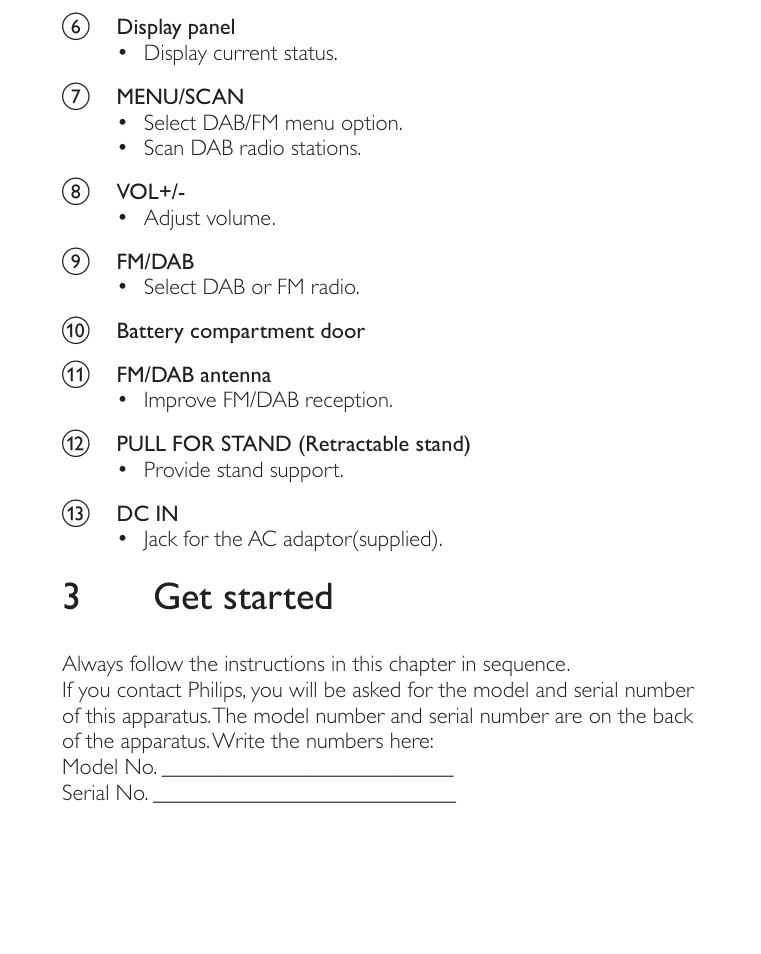 3 get started | Philips AE2012 User Manual | Page 7 / 21