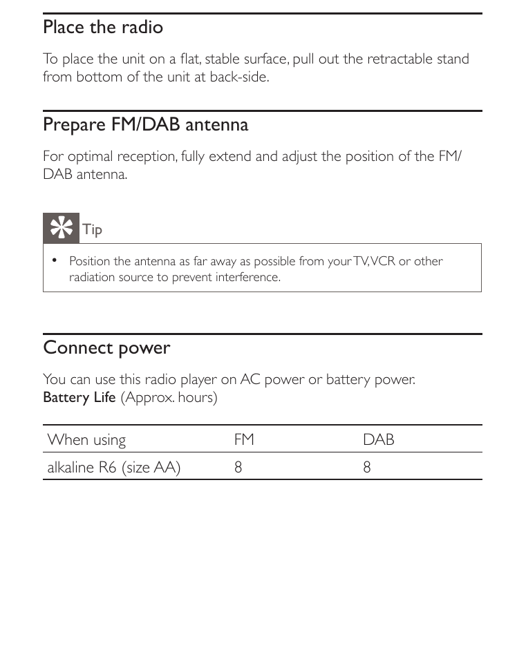 Place the radio, Prepare fm/dab antenna, Connect power | Philips AE2012 User Manual | Page 8 / 21