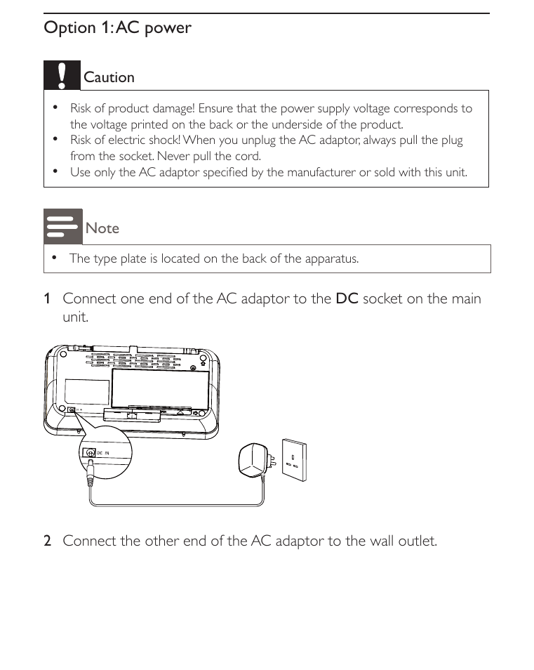 Option 1: ac power | Philips AE2012 User Manual | Page 9 / 21