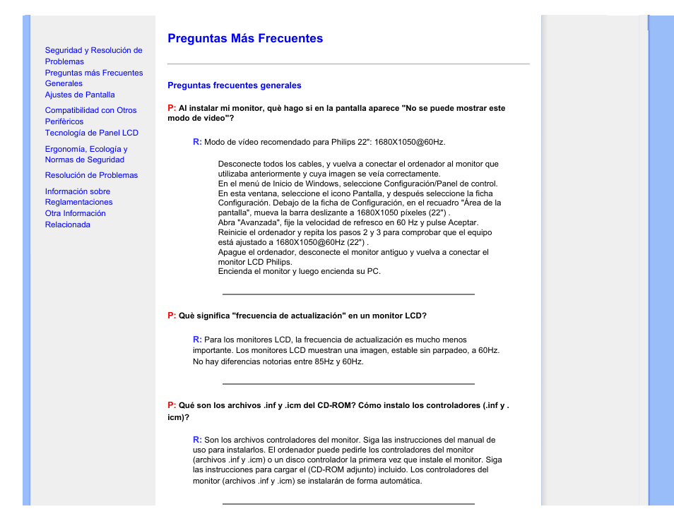 Preguntas más frecuentes | Philips 220CW8 User Manual | Page 4 / 114