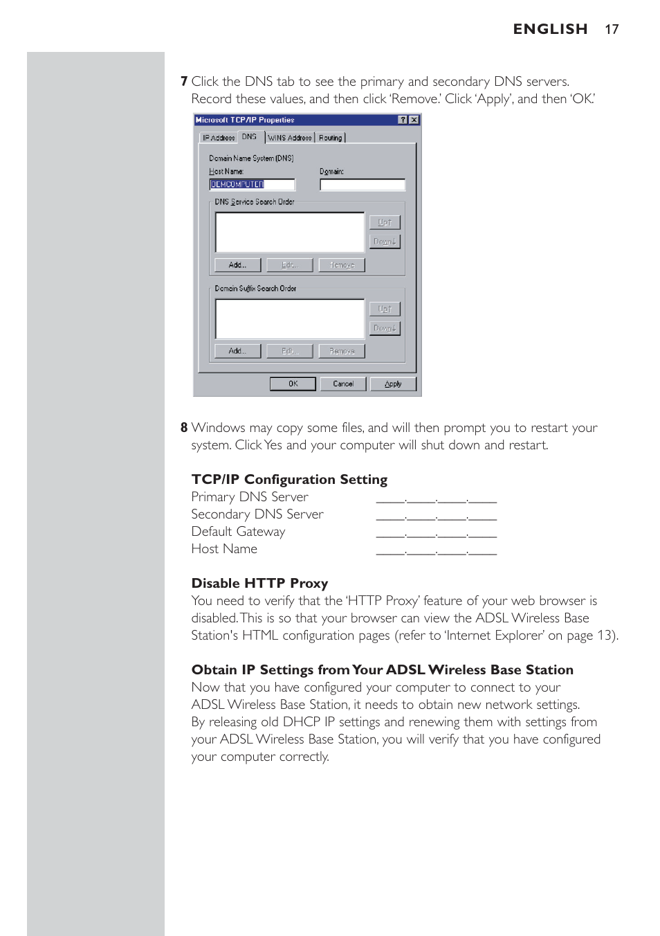 Disable http proxy, Obtain ip settings from your adsl router | Philips CPWBS154 User Manual | Page 17 / 74