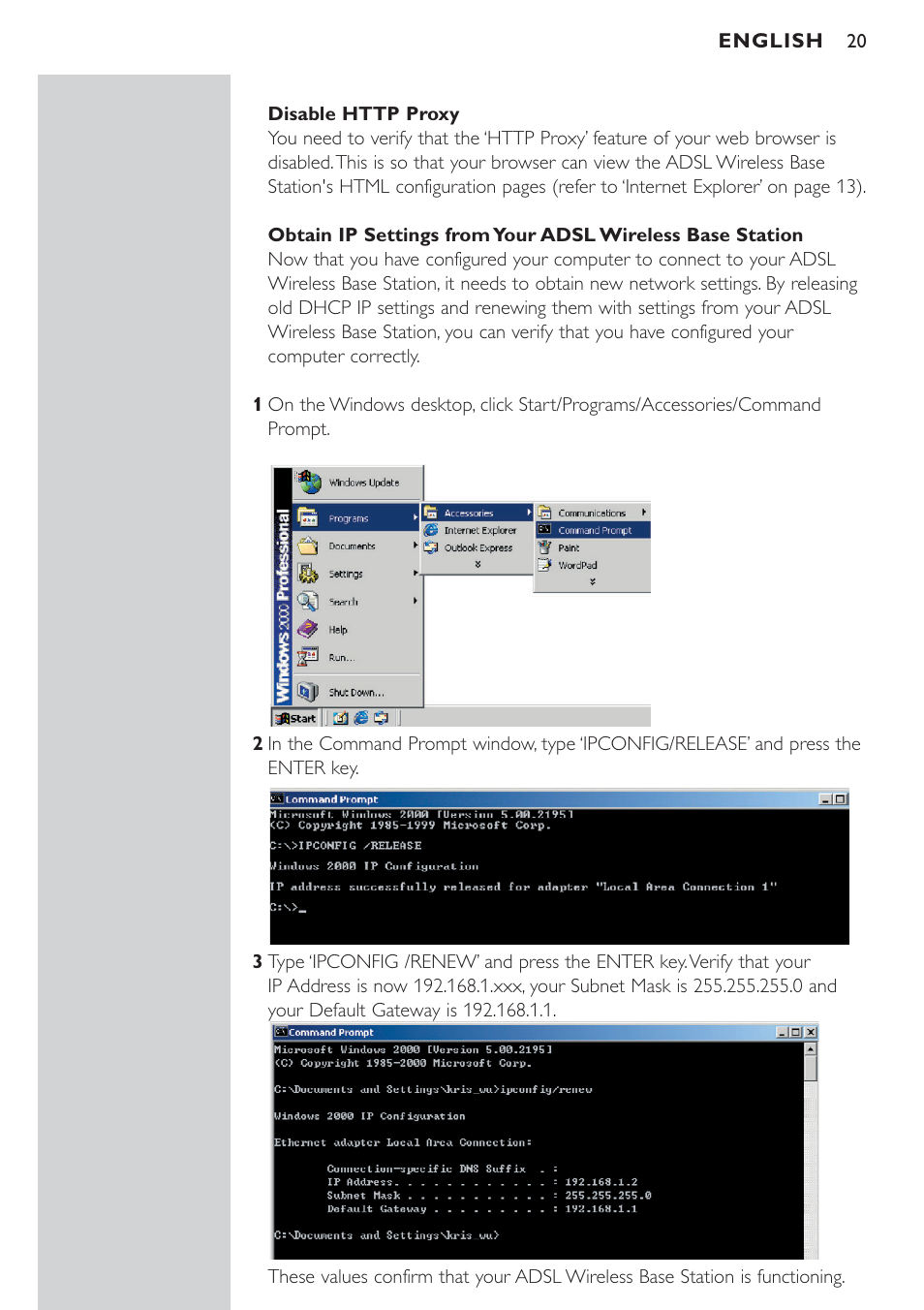 Disable http proxy, Obtain ip settings from your adsl router | Philips CPWBS154 User Manual | Page 20 / 74