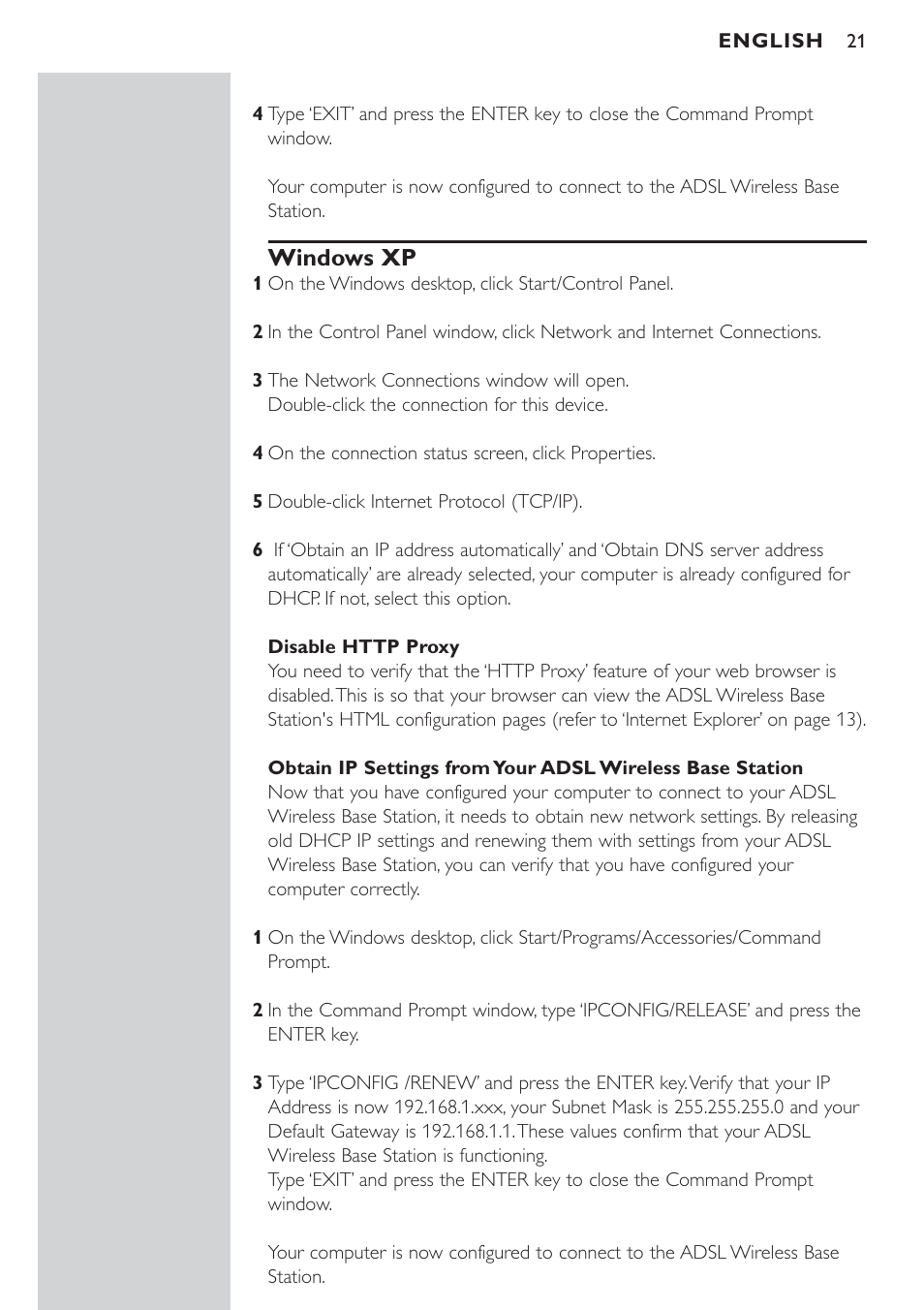 Windows xp, Disable http proxy, Obtain ip settings from your adsl router | Philips CPWBS154 User Manual | Page 21 / 74