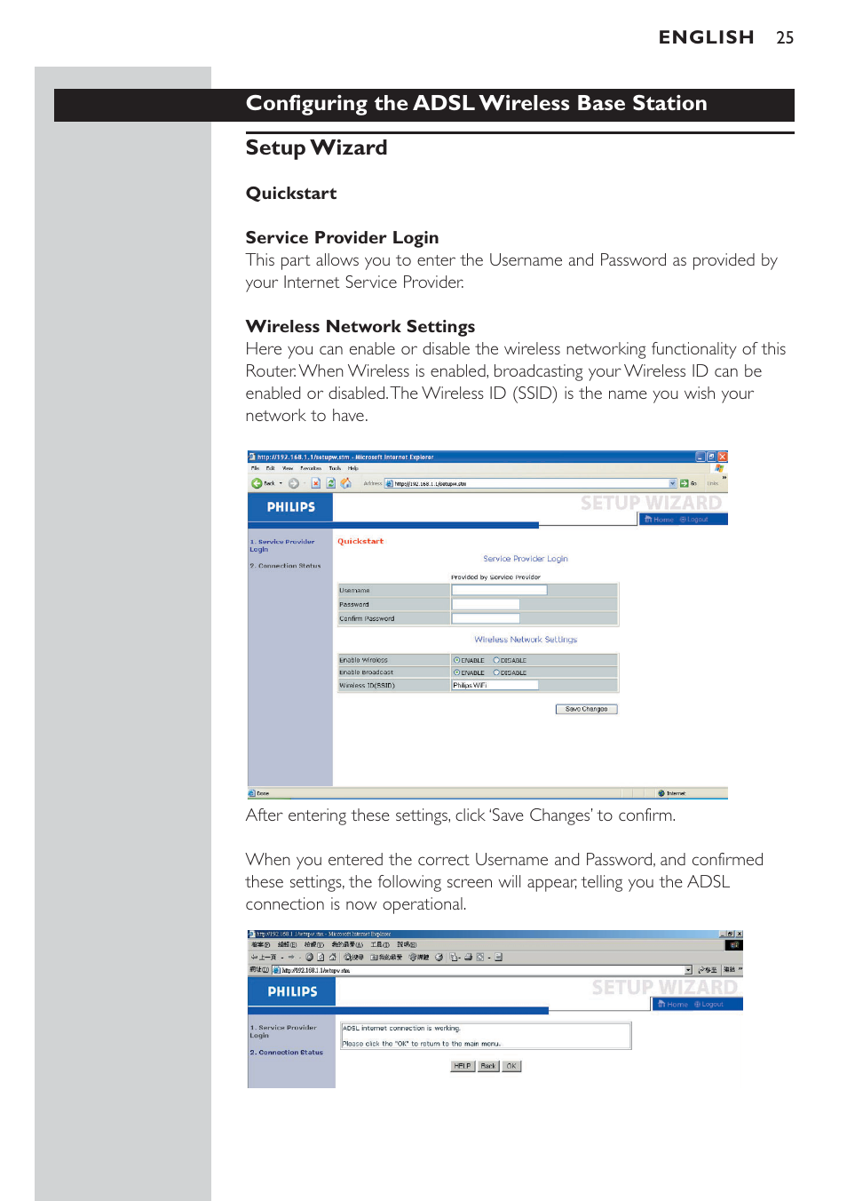 Configuring the adsl router, Setup wizard | Philips CPWBS154 User Manual | Page 25 / 74