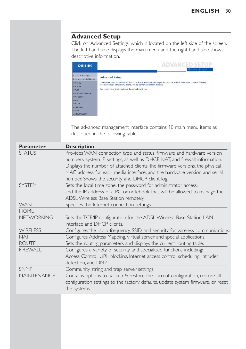 Maintenance, Configuration tools, Firmware upgrade | Reset, Advanced setup | Philips CPWBS154 User Manual | Page 30 / 74