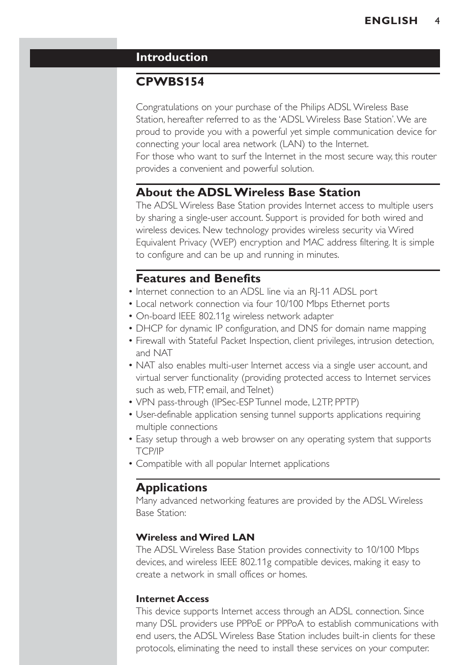 Introduction, About the adsl router, Features and benefits | Philips CPWBS154 User Manual | Page 4 / 74