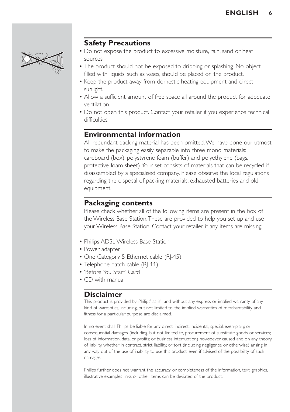 Safety precautions, Environmental information, Packaging contents | Disclaimer | Philips CPWBS154 User Manual | Page 6 / 74