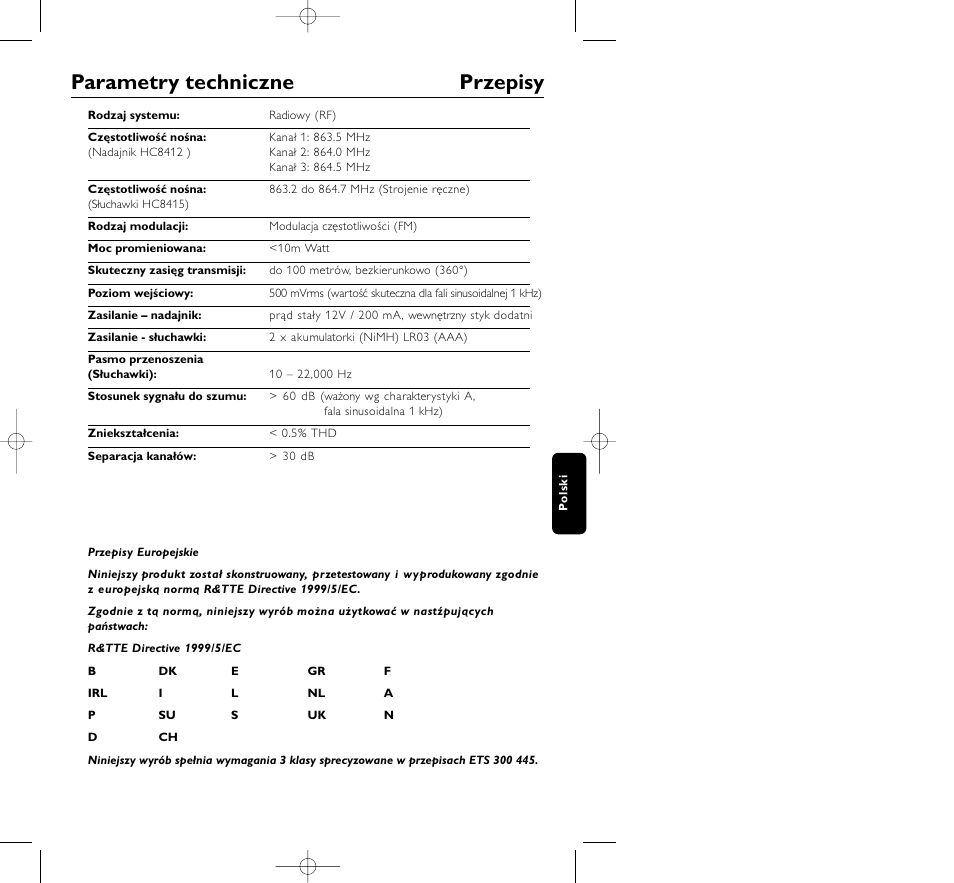 Parametry techniczne przepisy | Philips HC8410 User Manual | Page 107 / 134