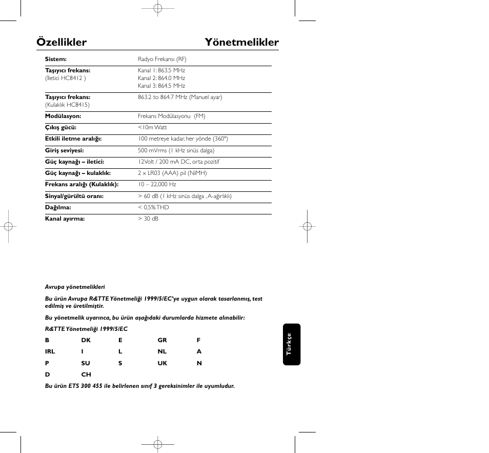 Özellikler yönetmelikler | Philips HC8410 User Manual | Page 123 / 134