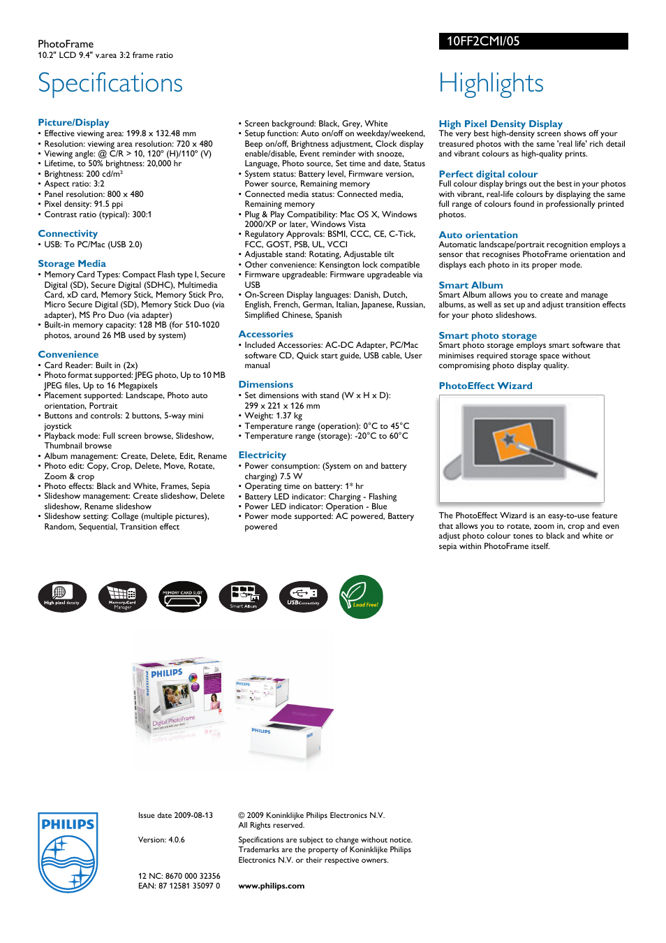 Specifications, Highlights | Philips 10FF2CMI User Manual | Page 2 / 2