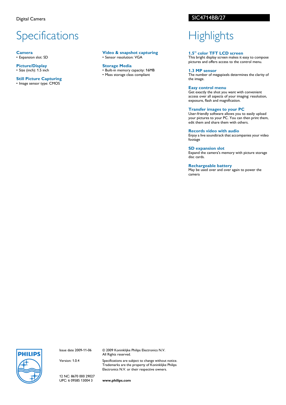 Specifications, Highlights | Philips SIC4714BB User Manual | Page 2 / 2