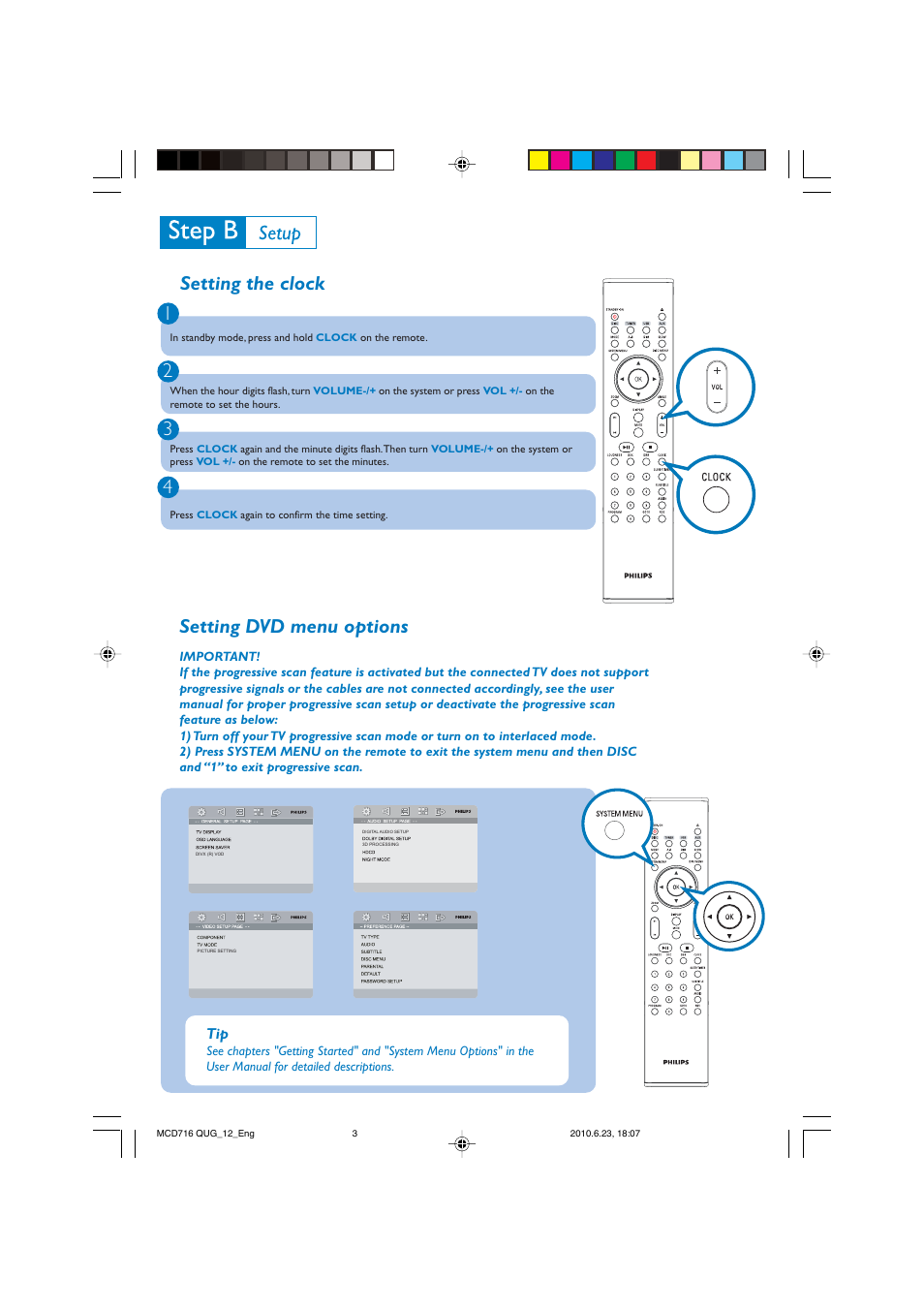 Setting the clock 1 2 3 4, Setting dvd menu options | Philips MCD716/12 User Manual | Page 3 / 4