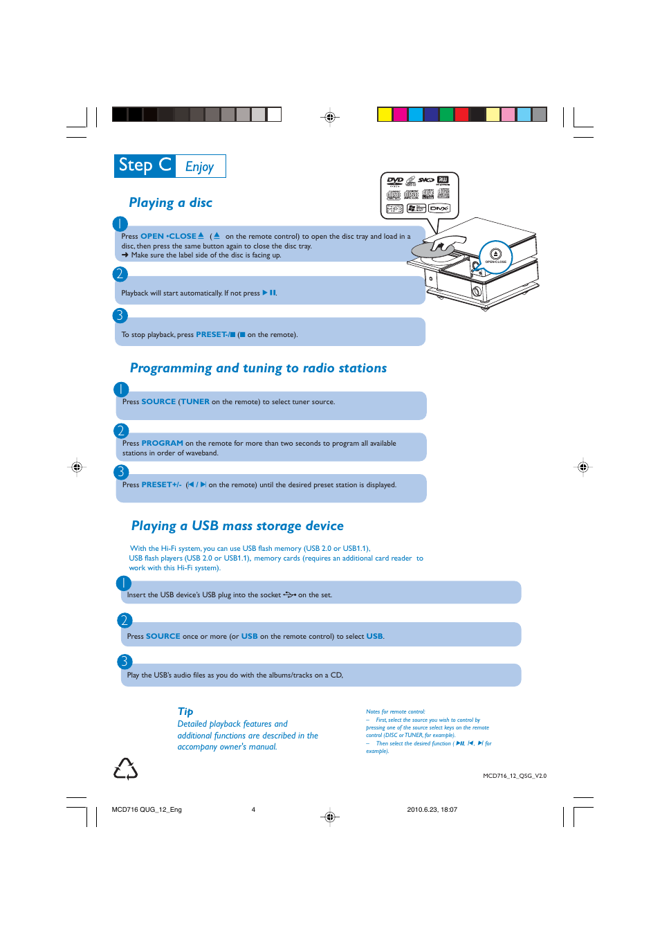 Playing a usb mass storage device | Philips MCD716/12 User Manual | Page 4 / 4
