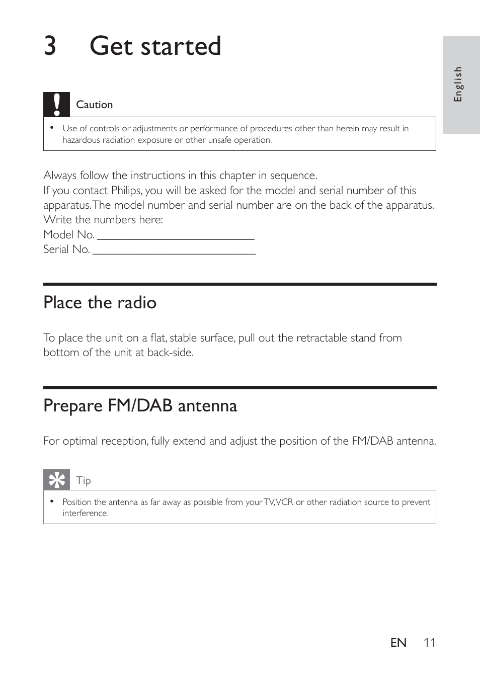 3 get started, Place the radio, Prepare fm/dab antenna | Philips AE9011 User Manual | Page 11 / 25