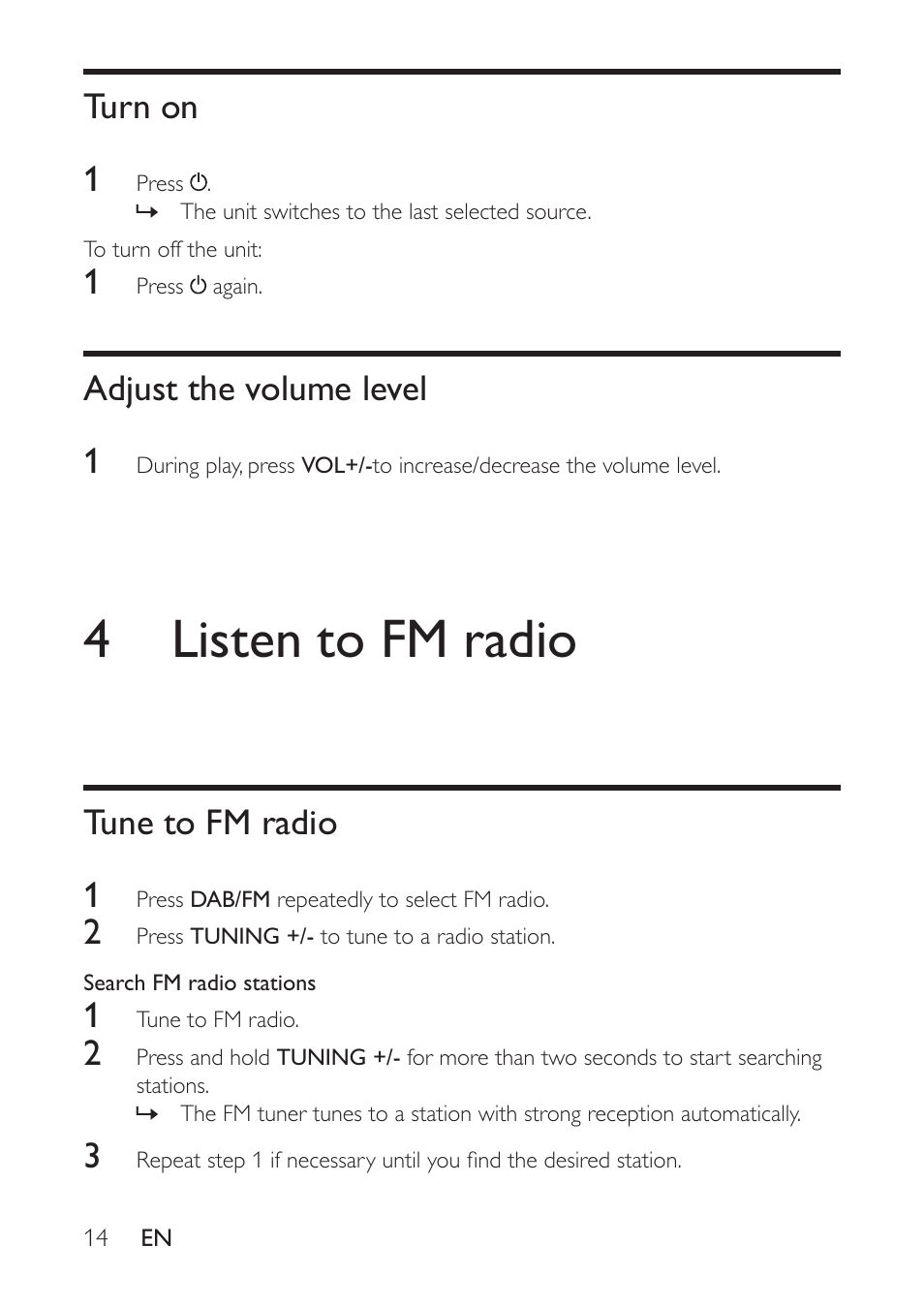 Turn on, Adjust the volume level, 4 listen to fm radio | Tune to fm radio, Turn on 1, Adjust the volume level 1, Tune to fm radio 1 | Philips AE9011 User Manual | Page 14 / 25