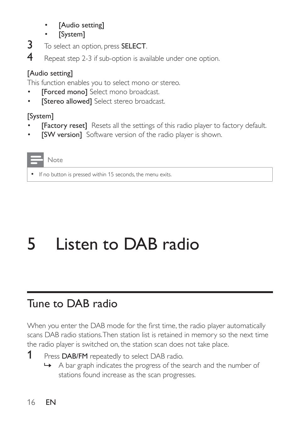 5 listen to dab radio, Tune to dab radio | Philips AE9011 User Manual | Page 16 / 25