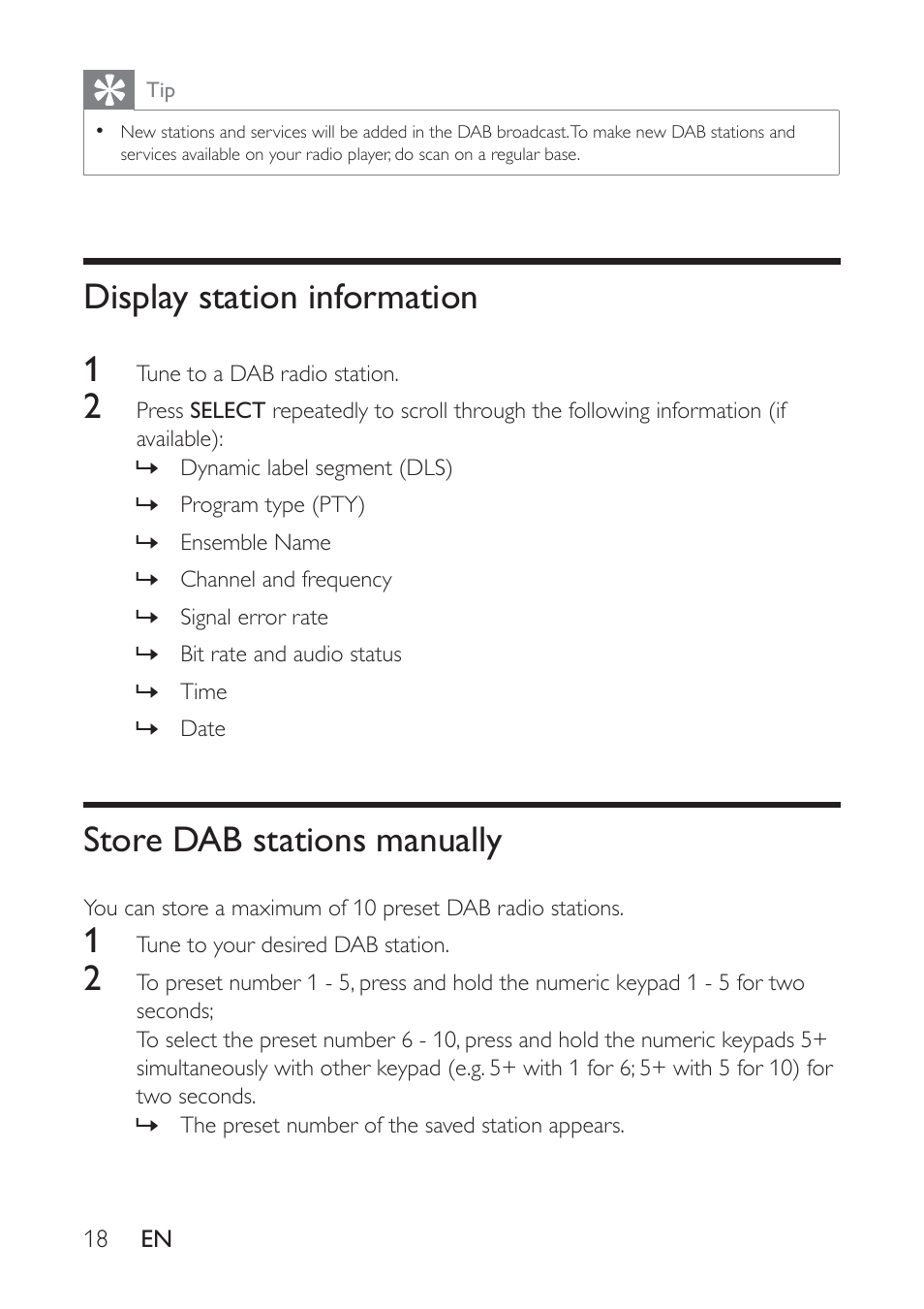 Display station information, Store dab stations manually, Display station information 1 | Philips AE9011 User Manual | Page 18 / 25