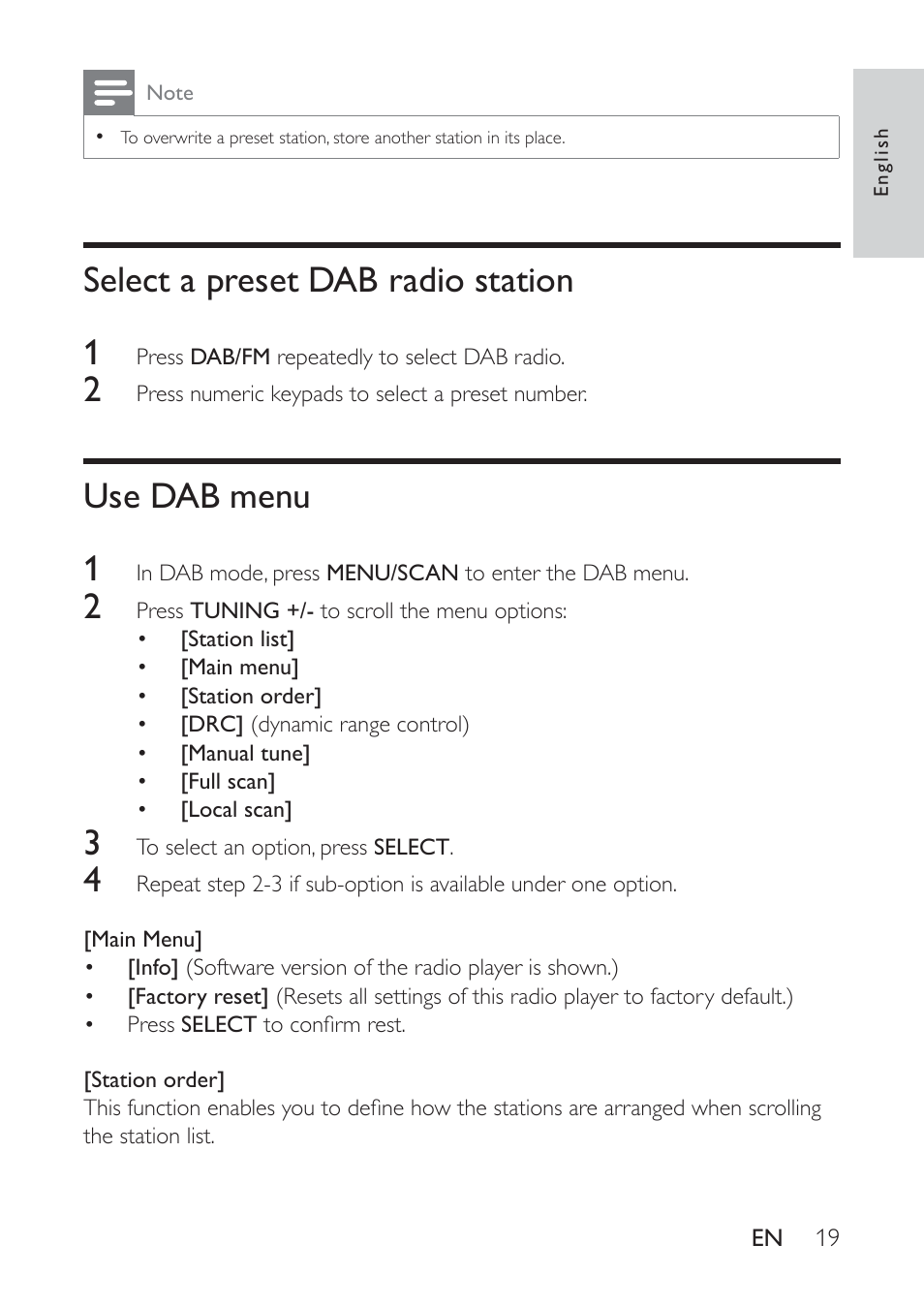 Select a preset dab radio station, Use dab menu, Select a preset dab radio station 1 | Use dab menu 1 | Philips AE9011 User Manual | Page 19 / 25