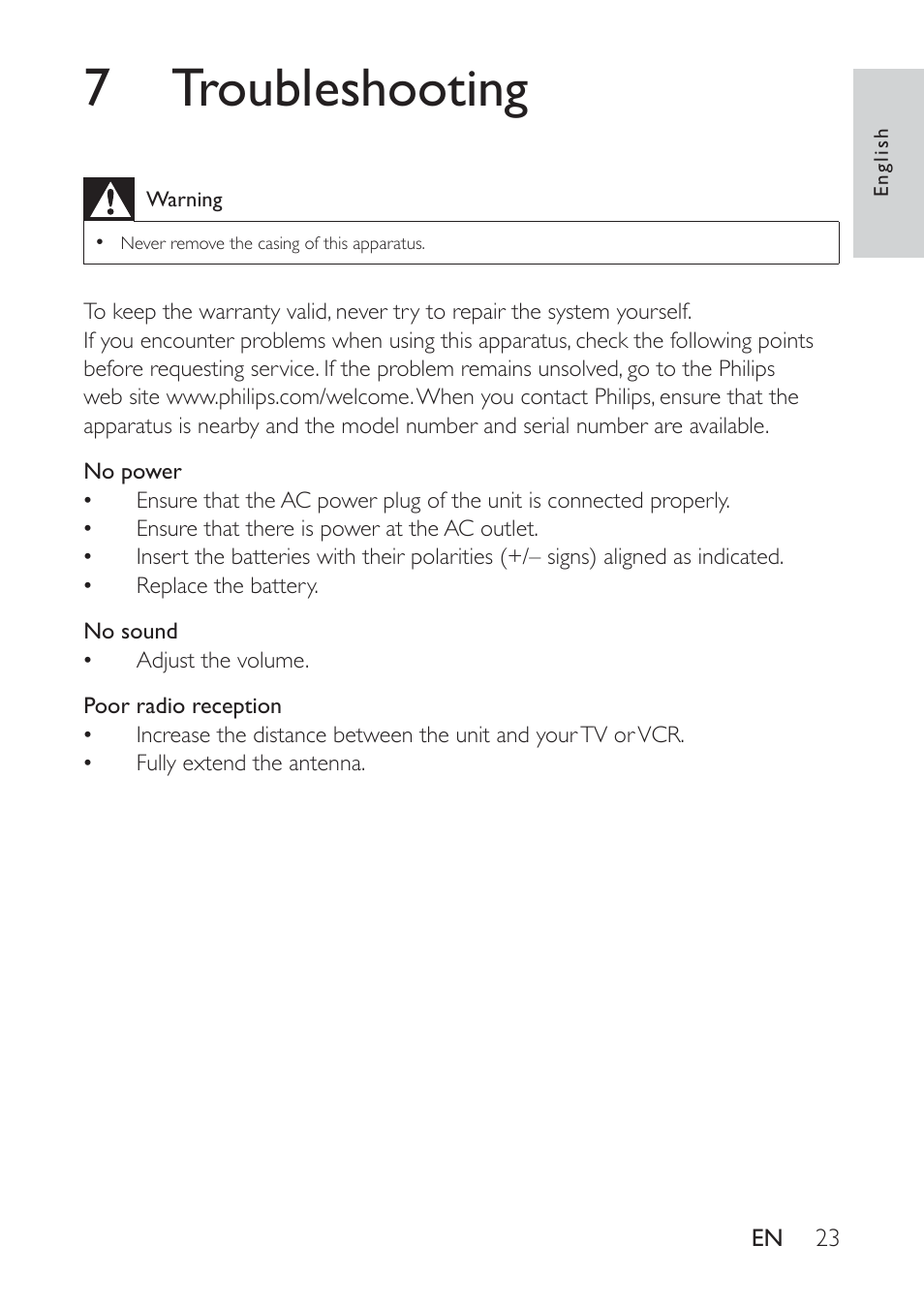 7 troubleshooting | Philips AE9011 User Manual | Page 23 / 25