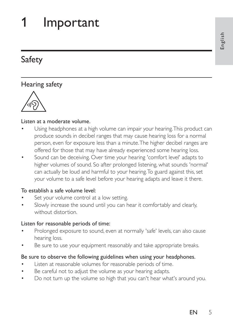 1 important, Safety, Safety 5 | Philips AE9011 User Manual | Page 5 / 25