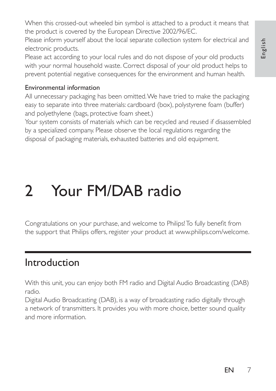 2 your fm/dab radio, Introduction, Introduction 7 | Philips AE9011 User Manual | Page 7 / 25