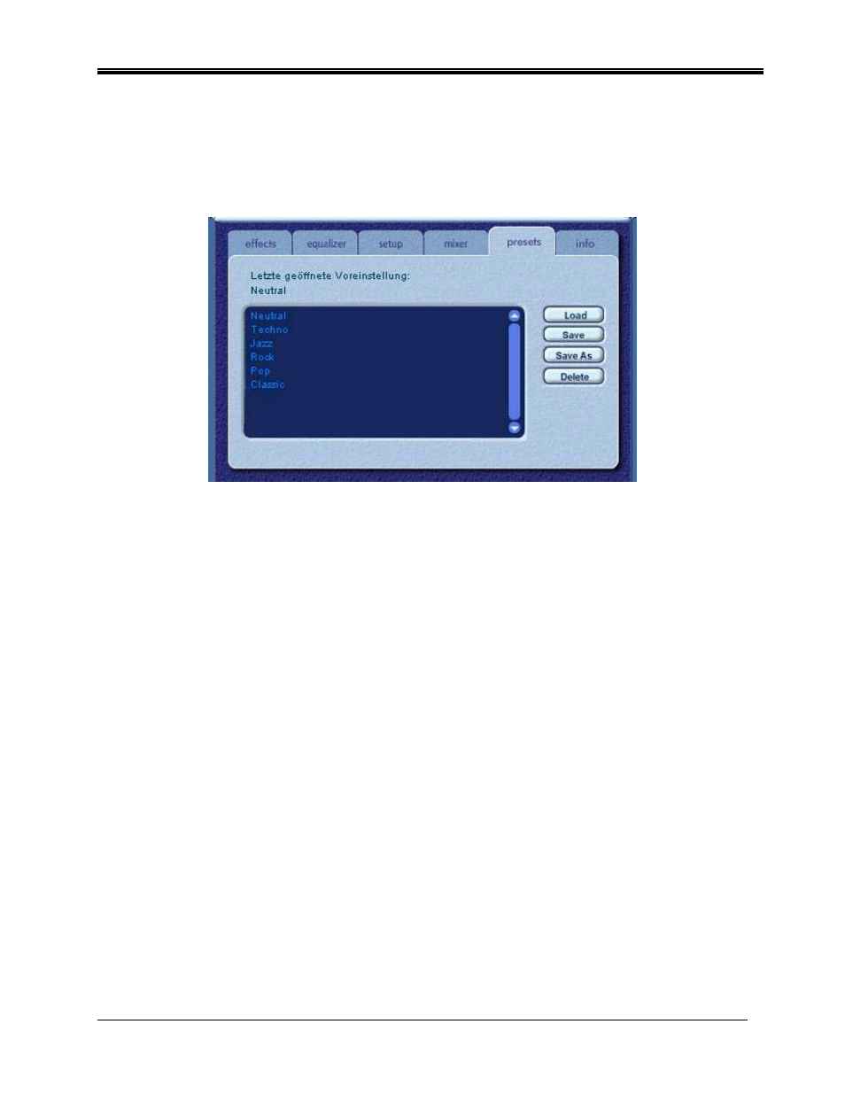 Presets tab, Load, Save | Save as | Philips DYNAMIC EDGE PSC604 User Manual | Page 29 / 39