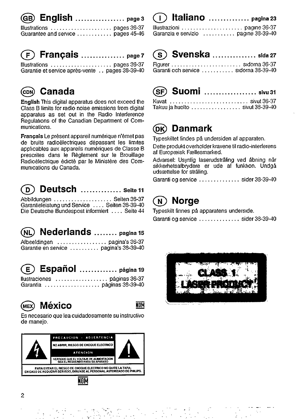 Canada, D) deutsch seite 11, Danmark | Ñ) norge, Français, Canada méxico, Deutsch, Nederlands, T) español, T) italiano | Philips AZ 6801 User Manual | Page 2 / 12