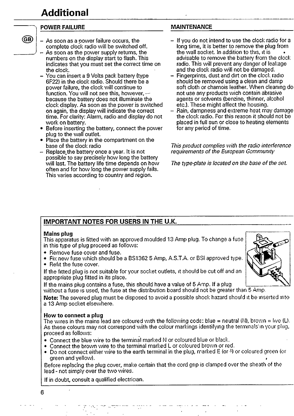 Additional, Power failure, Mains plug | How to connect a plug | Philips AJ3150/11W User Manual | Page 6 / 10